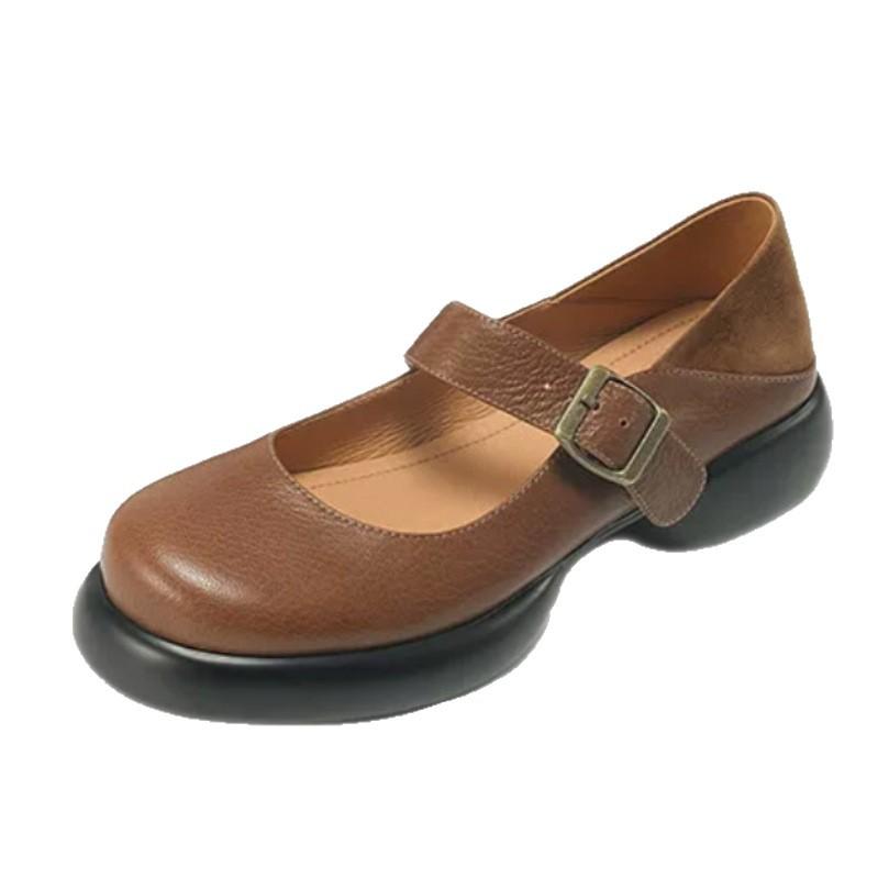 2025 Spring and Summer New Soft Leather Thick-soled Black Light Mouth Mary Jane Shoes Women's Thick Heel Muffin Bottom Round Head Soft Leather Si