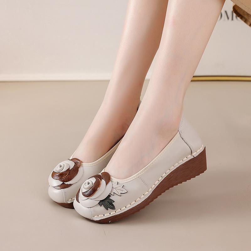 Nuove Scarpe in Vera Pelle di Mucca Donna Autunnali Décolleté con Zeppa Floreale Donna Scarpe Comode Signora Vintage Ballerine Slip-on