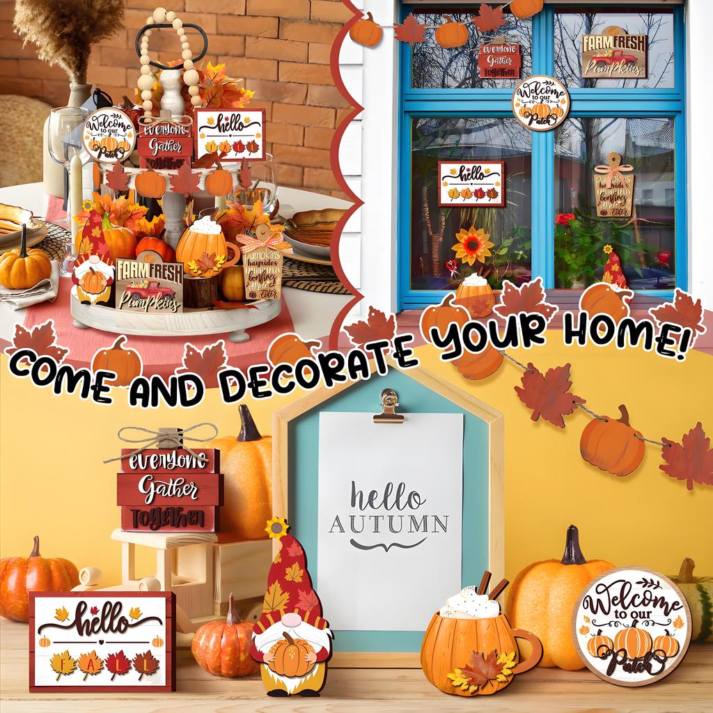 Fall Pumpkin & Maple Leaf Reclaimed Wood Tiered Tray FSC-Certified Thanksgiving Tabletop Seasonal Decor for Home Garden