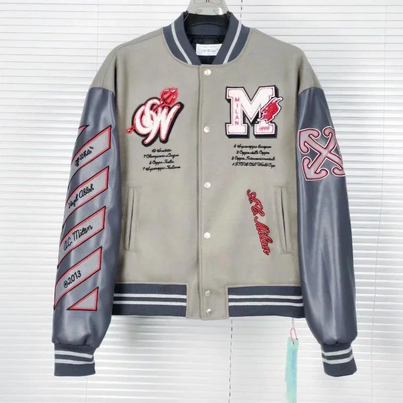 Trendy Soccer Fashion Men's Embroidered Bomber Jacket Hip Hop Letter Splicing Artificial Leather Baseball Clothing Y2K Jacket