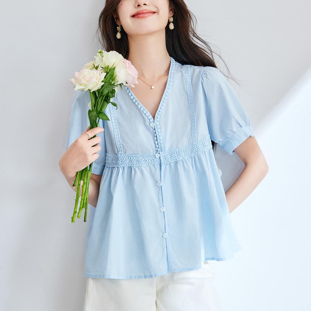 V-Neck Bubble Sleeve Short Sleeve Shirt Women's Summer Gentle Wind Sweet Doll Shirt Top
