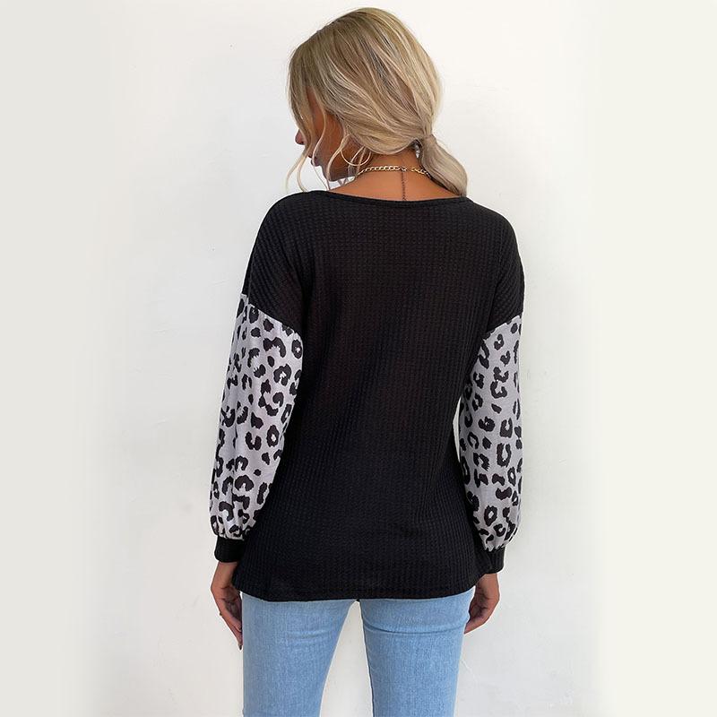 Woman Clothing Fashion Casual Tops Shirts Fashionable and Casual Temperament Women's Round Neck Long Sleeve Patchwork Leopard Print Black Knit Sweater