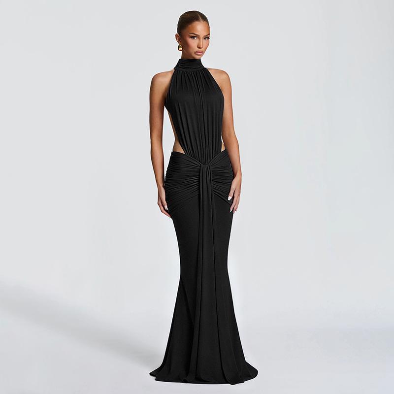 J26DS007 Women s Summer Solid Color Sleeveless Backless Pleated Halter Maxi Dress S