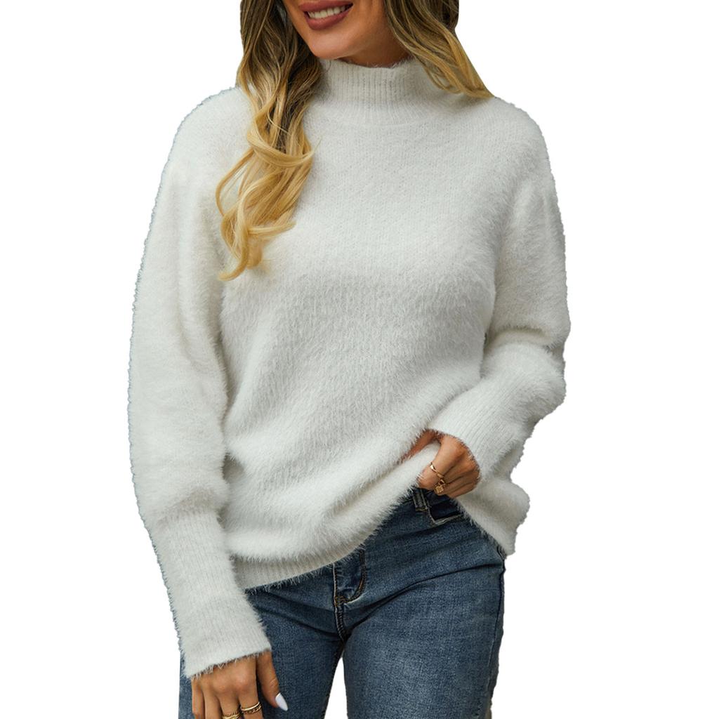 Damen Pullover mit Stehkragen, langen Ärmeln, reine Farbe, flauschig, lockere Passform, Strickpullover, Strickwaren, Blau, S
