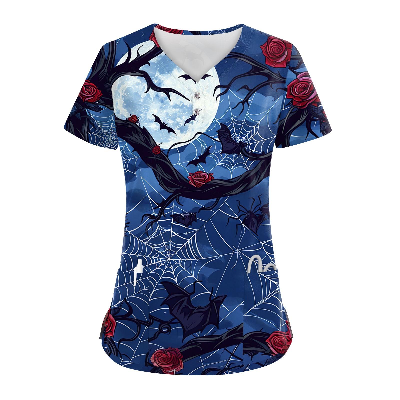 Женские модные повседневные топы с V-образным вырезом на пуговицах и принтом на Хэллоуин — фото 7