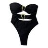 Sexy Monokini Off Shoulder Bandeau Hollow Design Solid Color One-piece Swimsuit with Irregular Metal Rings Vacation Wear