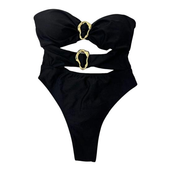 

Сексуальный монокини с открытыми плечами, бандо, ажурный дизайн, однотонный слитный купальник с неровными металлическими кольцами, одежда для отпуска S чёрный