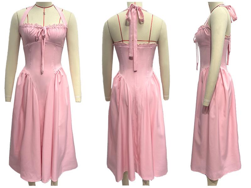 2025 European & American Style Summer Slim Spaghetti Strap Printed Halter Lace Dress