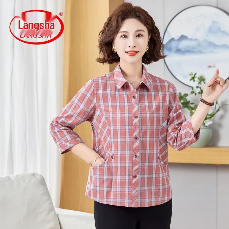 Lansa Women s Mid-Aged Loose Fit Plaid 3/4 Sleeve Cotton Shirt XL