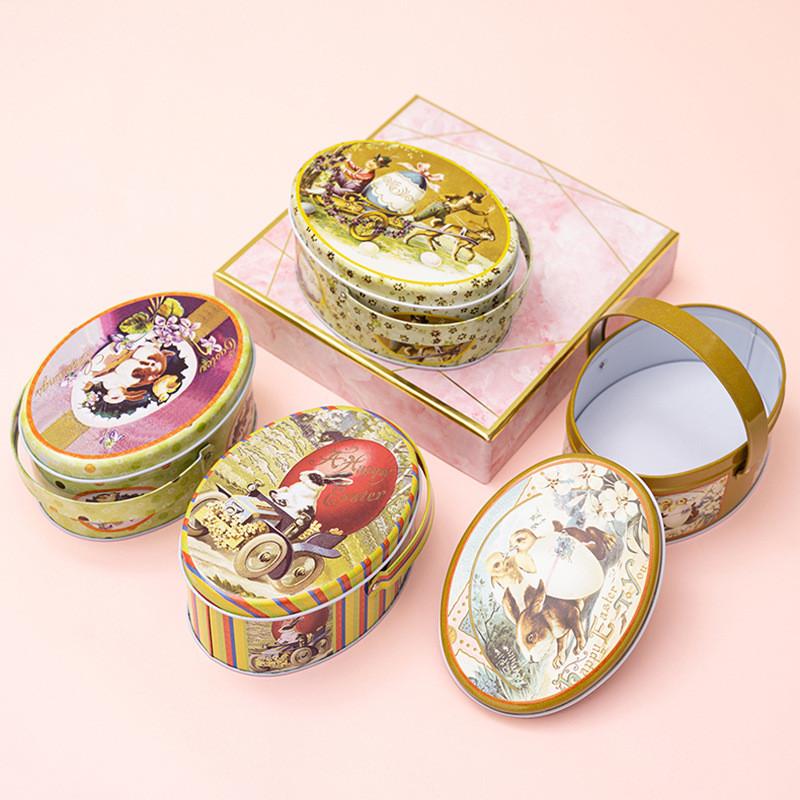 Oval Whimsical Easter Handheld Iron Box With Cheerful Rabbit And Egg Pattern Ideal For Childrens Gifts