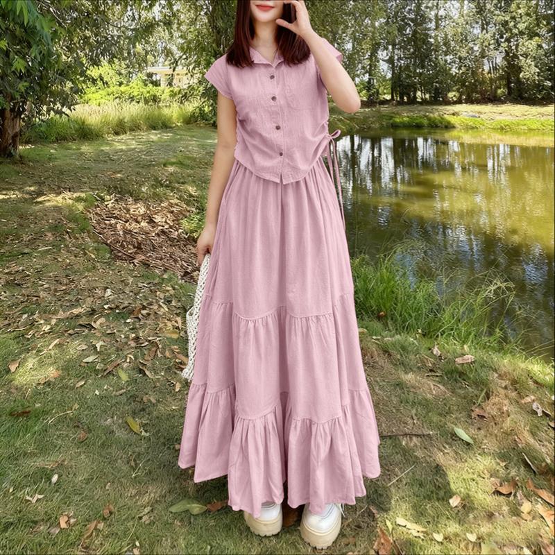 ZANZEA Women Summer Short Sleeve Blouse and Long Skirts Casual Two Piece Suit Sets