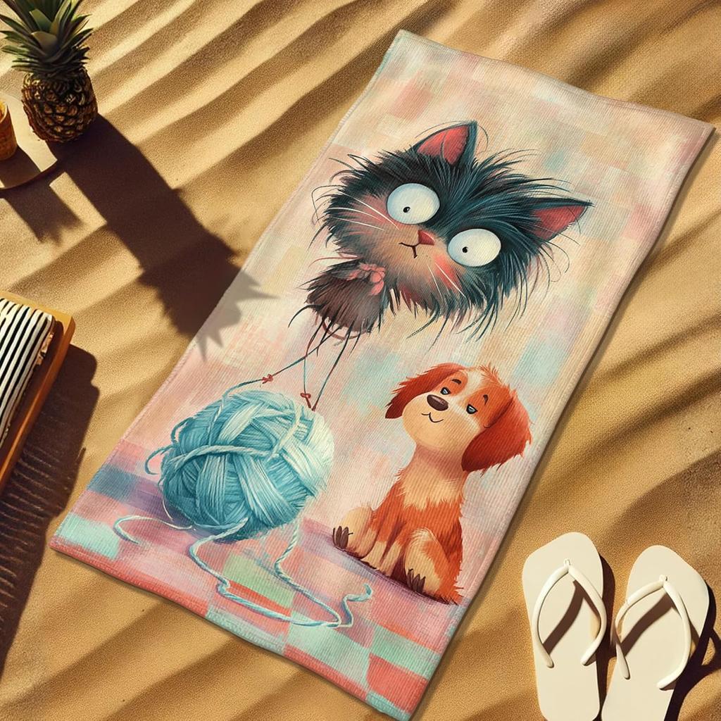 Playful Cartoon Cat Dog Beach Towel, Black Blue Furry Creatures Oversized Quick Dry, Sand Free Lightweight Travel Pool Mat