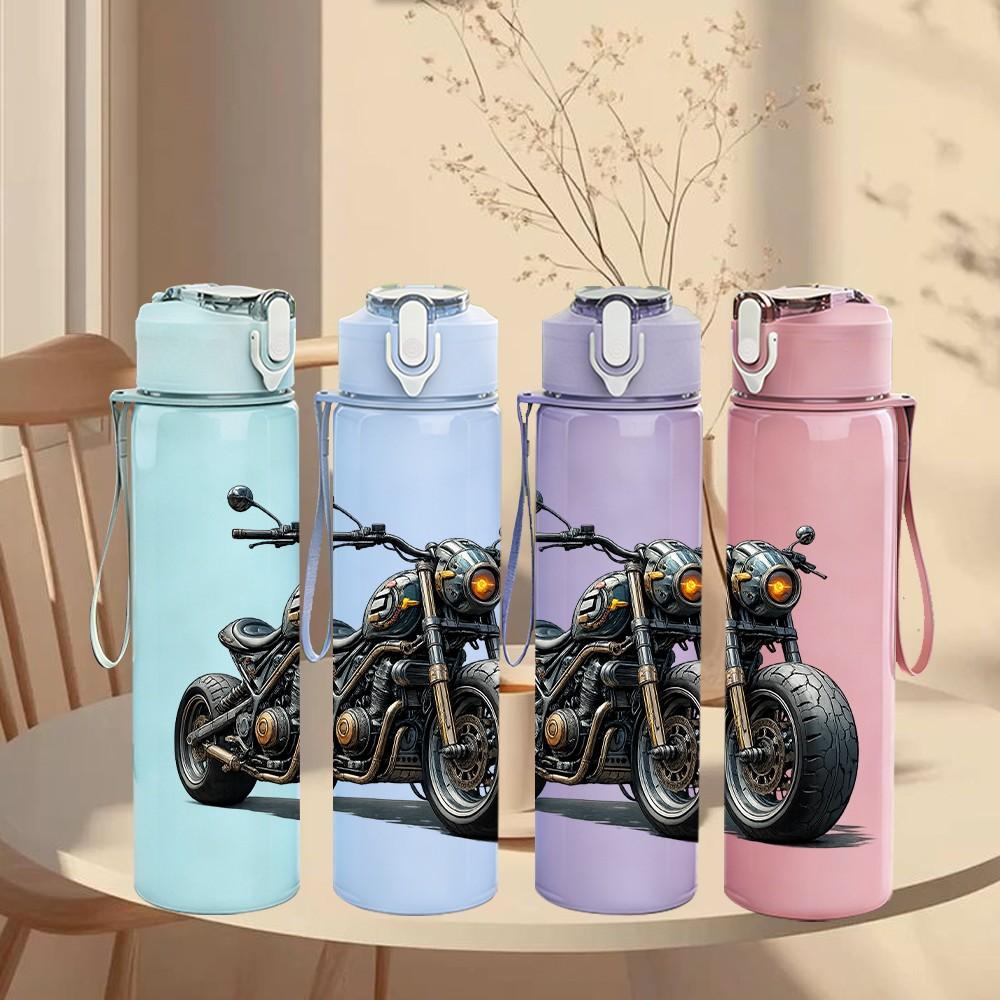 1PC Classic Motorbike Art 750ml Color Plastic Sports Water Bottle Leakproof Flip Straw Lid Suitable for Sports Office Home Use