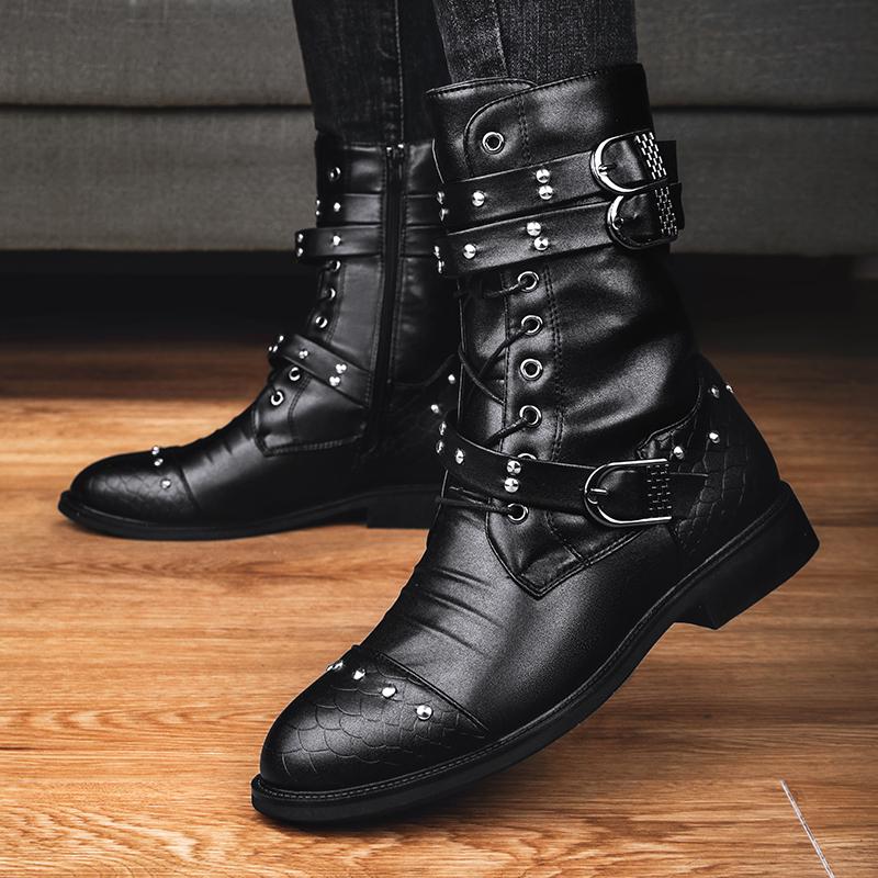 Motorcycle Shoes Men Fashion High Leather Boots Men Punk Trend British Style Boots Men Outdoor Casual High Top Shoes Male 2024