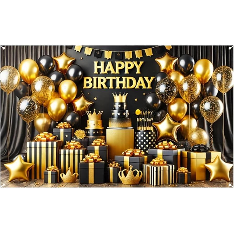 Nuxovilar Happy Birthday Banner Blue Gold Balloons String Lights Polyester Backdrop 43x70.86 Inches - Large Party Birthday Decorations for Photo