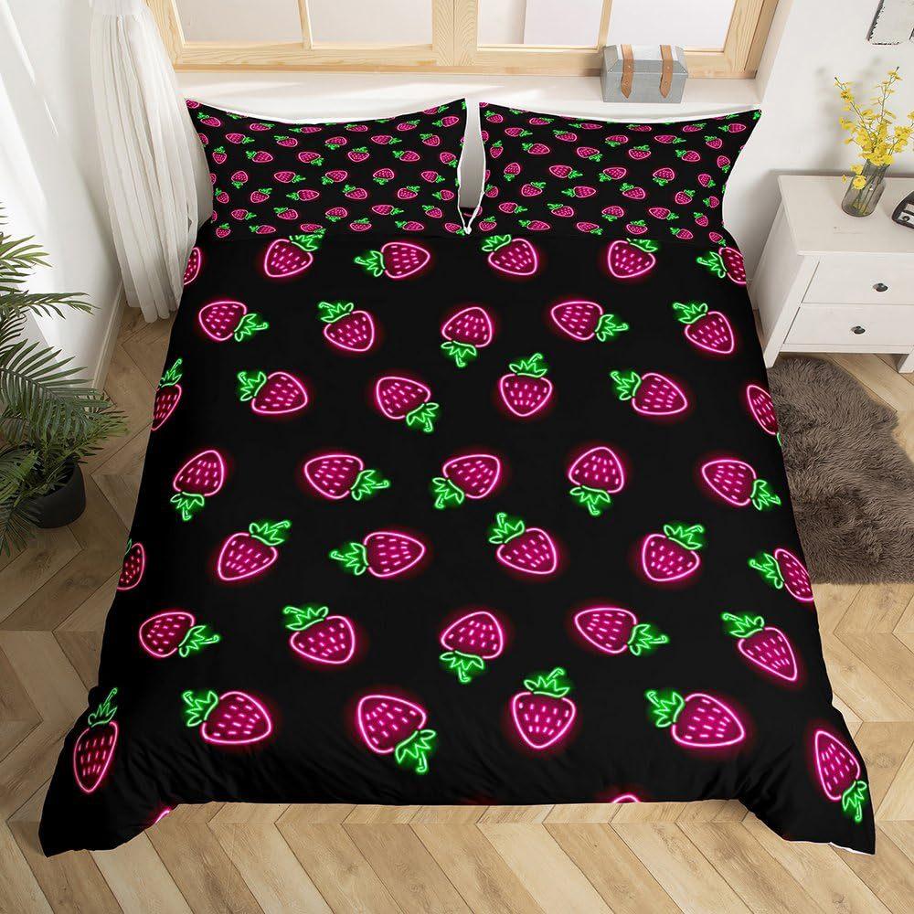 Strawberry Pink Duvet Cover Cute Fruit Print Bedding Three-piece Set Girl Room Decoration