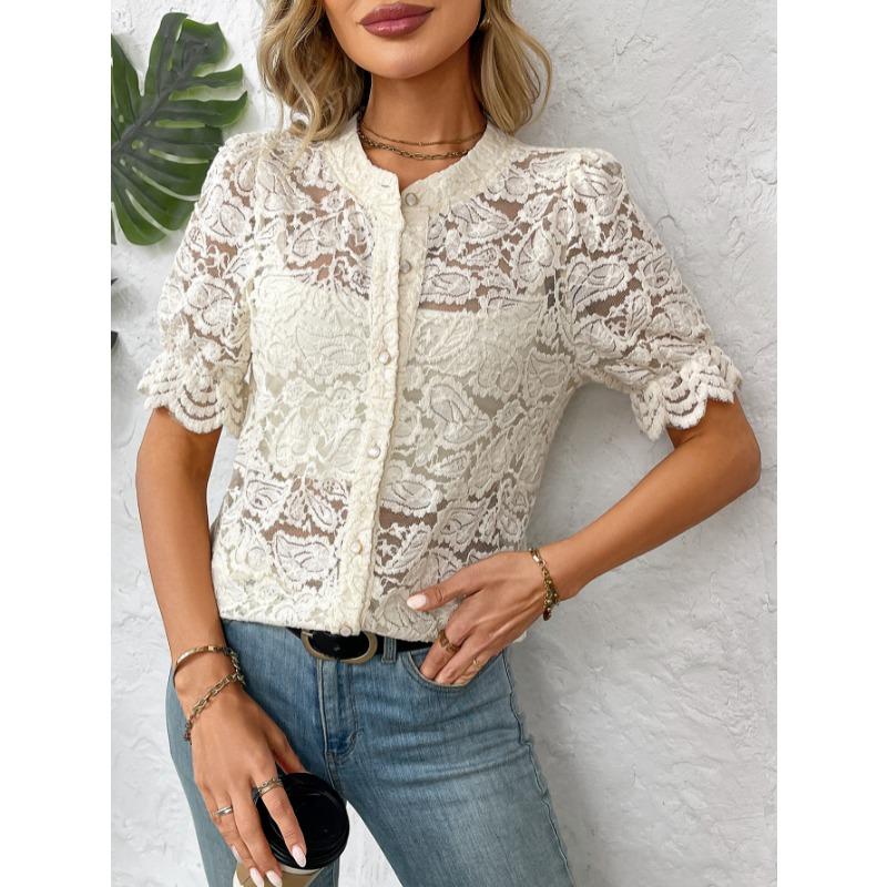 Fashion Lace Shirt Women Spring Summer Short Sleeve See Through Casual Blouse Ladies Button Sweet Tops O Neck Elegant Loose Casual Clothing