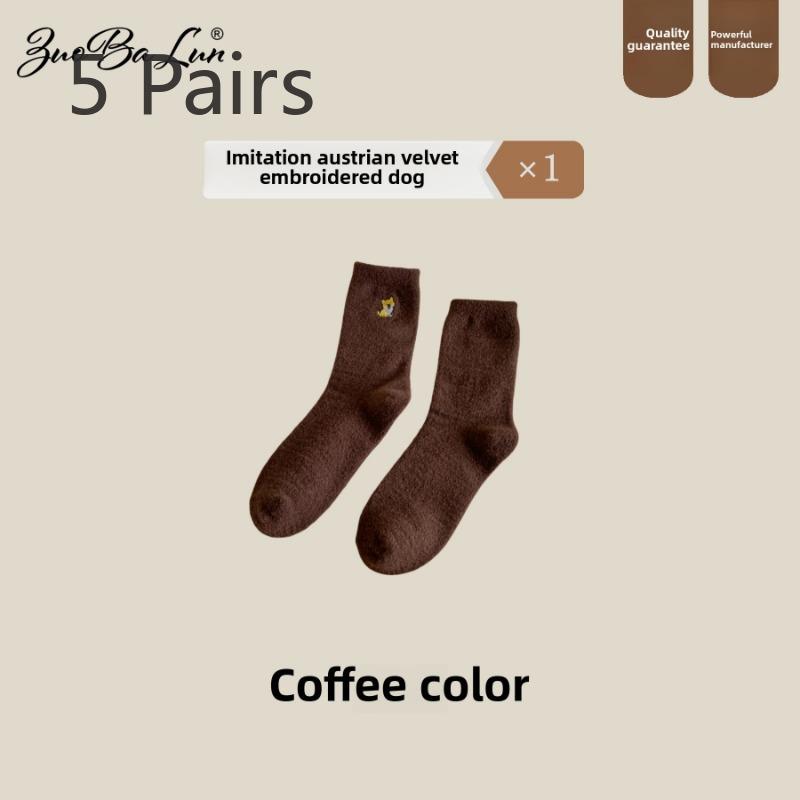 

5 пар женских зимних бархатных и толстых теплых носков-труб с вышивкой 5 Pairs кофейный