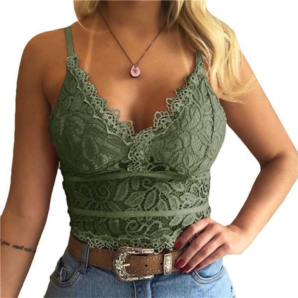 Women's Fashion Deep V Neck Lace Bra Sexy Spaghetti Straps Underwear Hollow Sleeveless Bra Vest