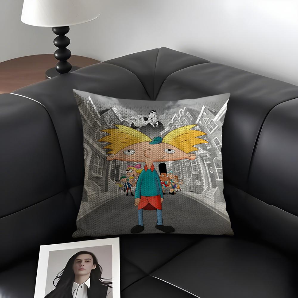 H-Hey Arnold Cartoon Cushion Cover Natural Linen Organic Fabric Double-Sided Printing Sofa Home Decor Gift Pillow Case
