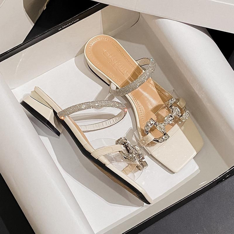 25 Summer New Diamond-encrusted Letter Sandals Korean Medium Heel Bow High Heel Open Toe Sandals Women's Shoes Thick Heel