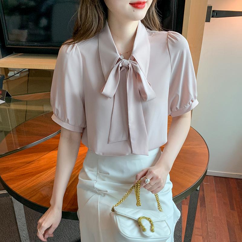 

Женский синий шифоновый топ с короткими рукавами и бантом на лето L розовый