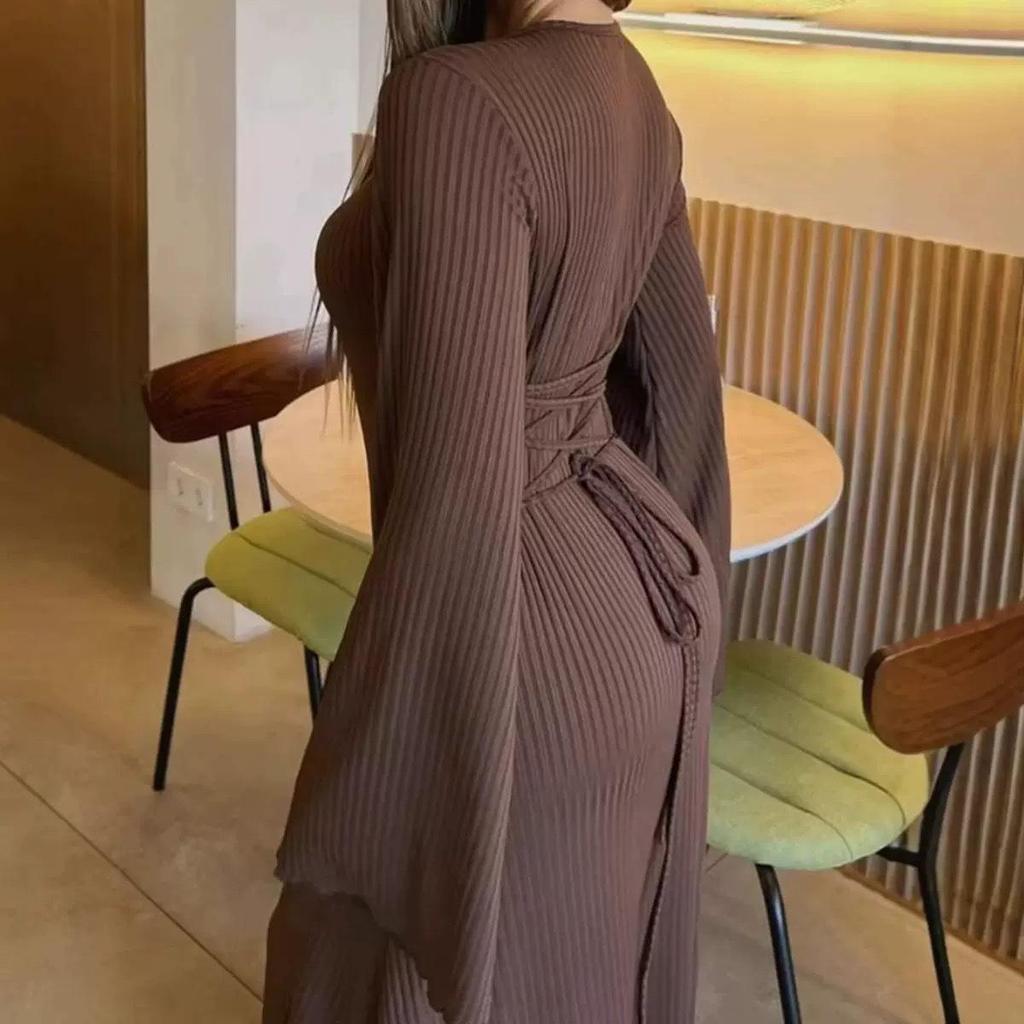 Women's Solid Color Stripe U-neck Long Sleeve Lace-up Dress