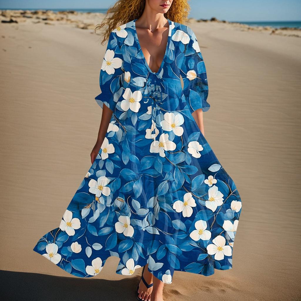 Women's Summer Fashion V-neck Retro Floral Print Short Sleeved Beach Dress With Lace Patchwork Dress