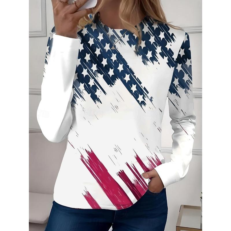Women's T shirt Long Sleeve Crew Neck Long Sleeve Tunic Graphic Flag Top