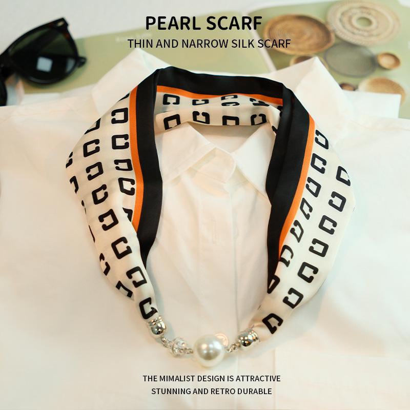 Elegant Silk Scarf with Magnetic Buckle and Pearl Necklace - Stylish Clavicle Chain for Women