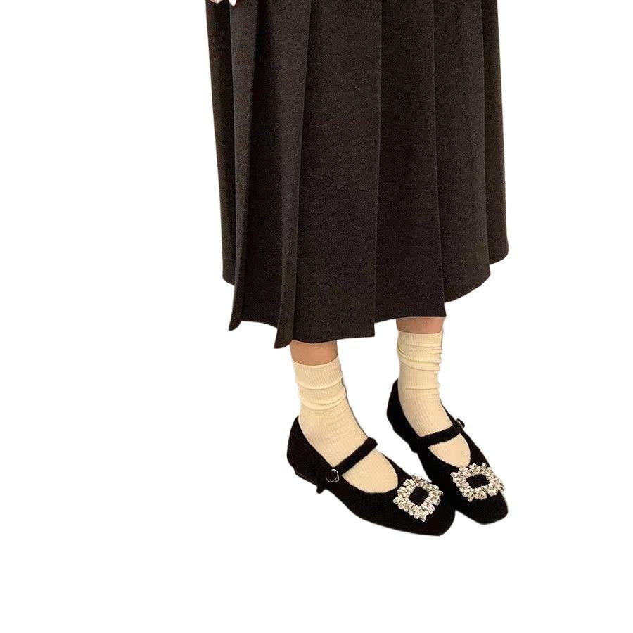 Inner Heightening Rhinestone Suede Black Single Shoes Women's Shoes with Skirts Plush Mary Jane Fluffy Shoes 2025 Autumn and Winter