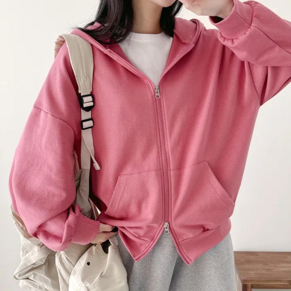 Women's Hooded Long Sleeve Zip Up Cardigan Oversized Fit Casual Top Solid Color Cropped Hoodie Jacket