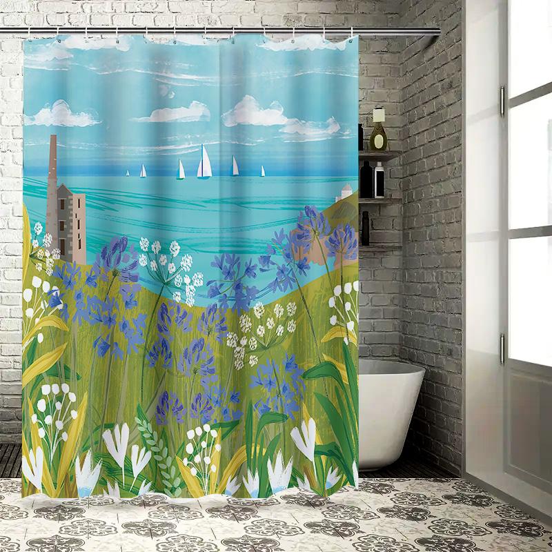 

Beautiful Seascape Shower Curtain Blue Flowers Sailboats Print Enhances Coastal Bathroom Decor Nature Lovers Delight Easy-Clean W60H190(CM)-1 Pcs