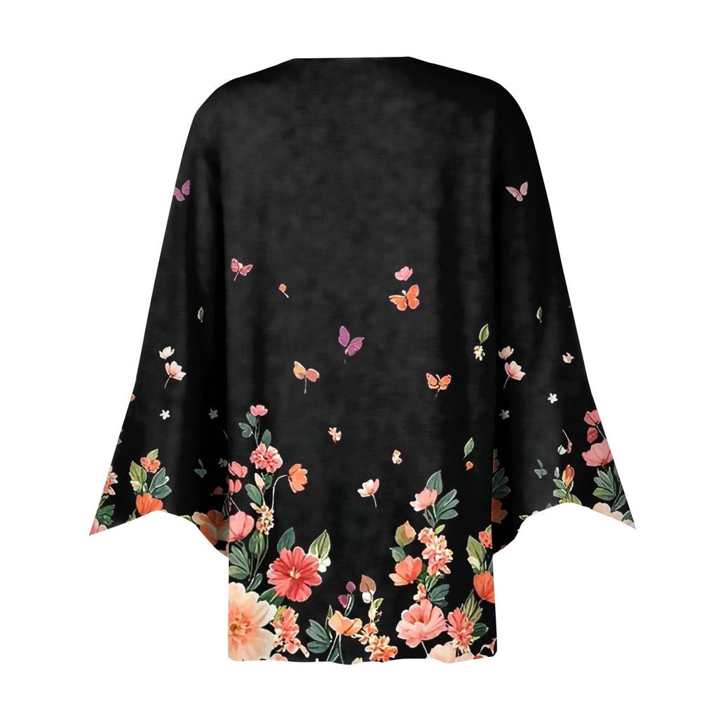 Women's Fashion Loose Casual Printed Seven-Part Sleeve Button Down Blouse Cardigan Top