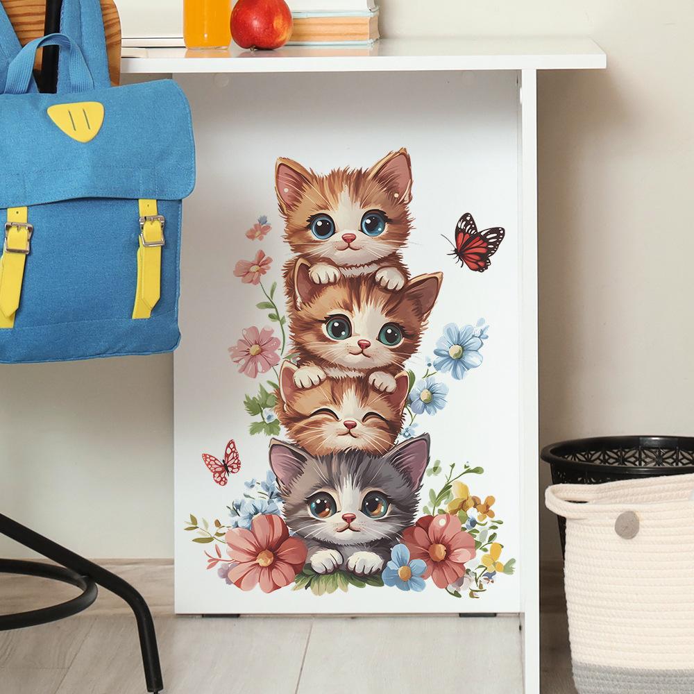 Kitten Human Pyramid Butterfly Flowers Bedroom Living Room Entrance Hall Home Background Beautification Wall Stickers