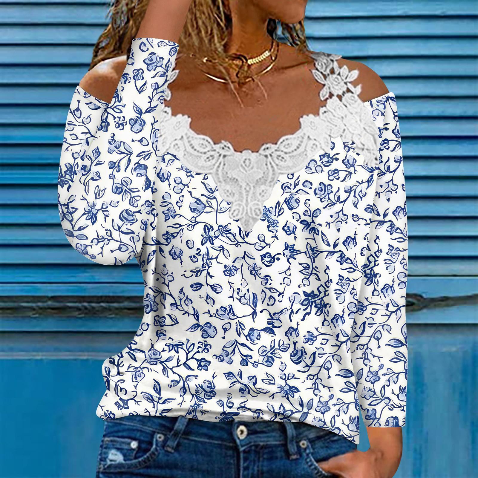 

Модный кружевной пуловер с V-образным вырезом, длинный рукав, цветочный принт, однотонная повседневная футболка L синий