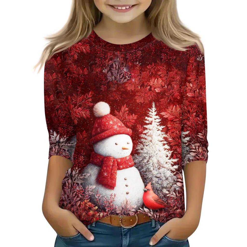 Christmas Day Print Tops For Youth Girls 4-11 Years Round Neck 3/4 Sleeves T-Shirts Trendy Tops Outfit Tees