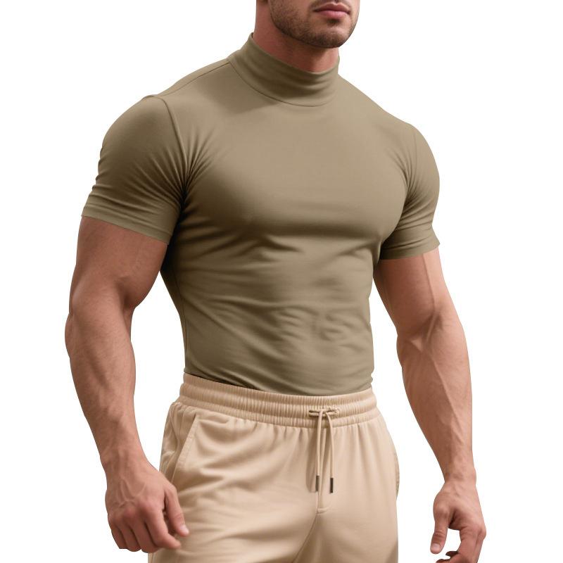 Summer Solid Color Men's Short Sleeved T-shirt Fashionable Casual Tight Fit High Neck Thin Base Shirt