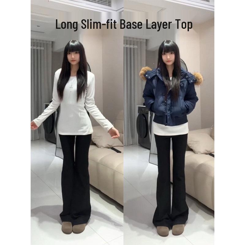 

White V-neck Slim-fit Buttocks-covering Base Layer Top for Women - 2025 Autumn/Winter Style XL [115-130 lbs]