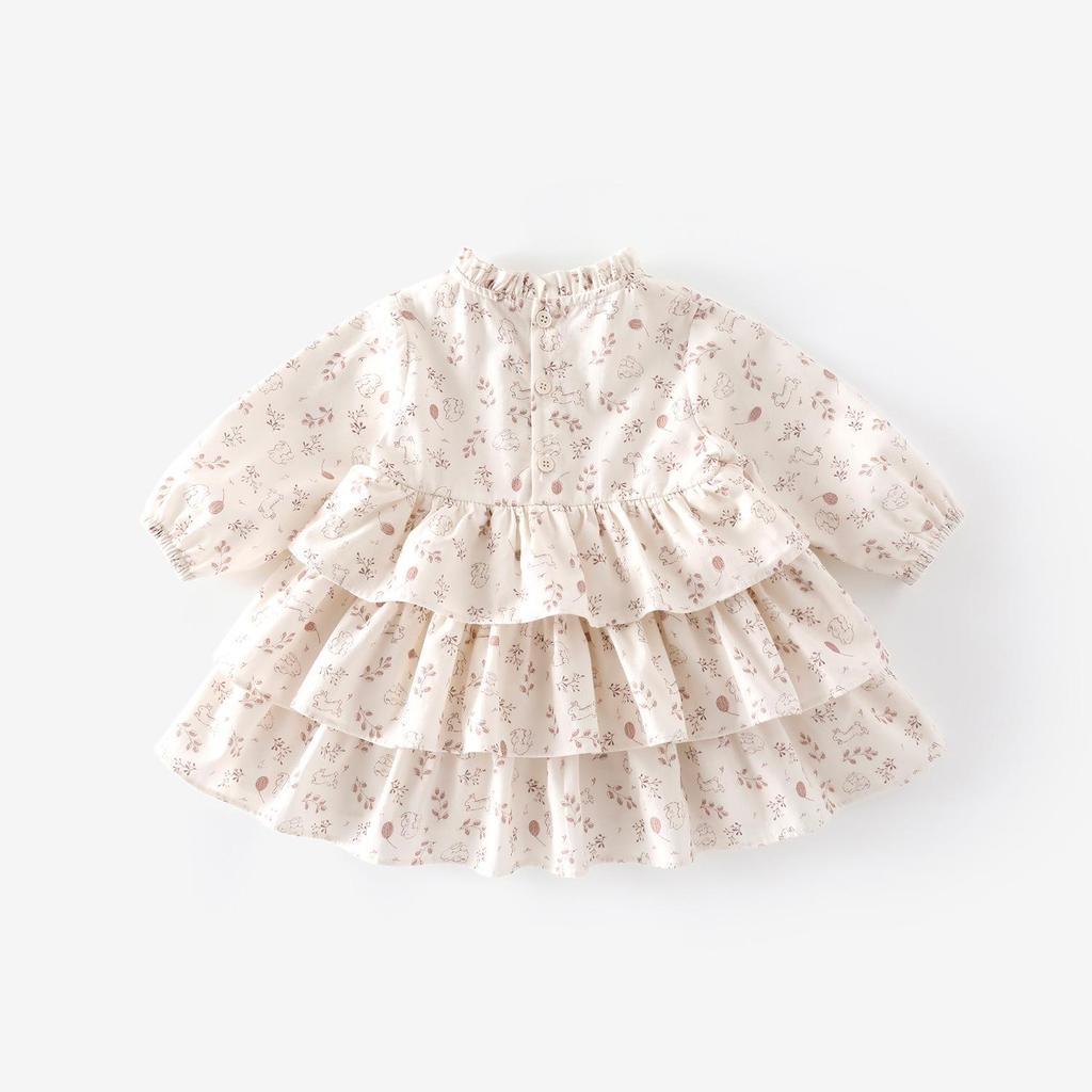 2025 Autumn Girls' Floral Cartoon Cake Dress - Korean Style Children's Outfit