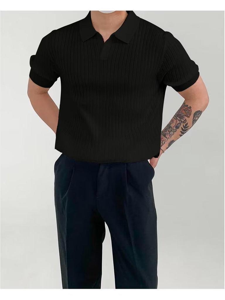 Striped Summer Knit Elastic Polo - Loose Fit Short Sleeve Shirt