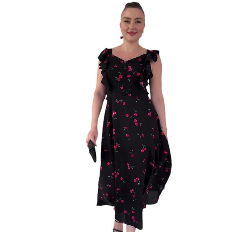 2024 Summer European & American Women's Sweet & Spicy Ruffle Sleeve Fruit Print Dress
