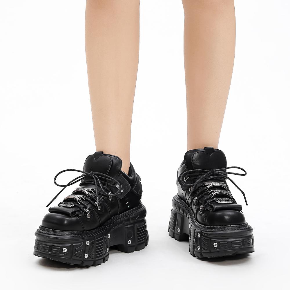 Ny Punk-stil Damesko Snøring Hælhøyde 6CM Plattformsko Dame Gothic Ankel Rock Boots Metalldekor Dame Joggesko