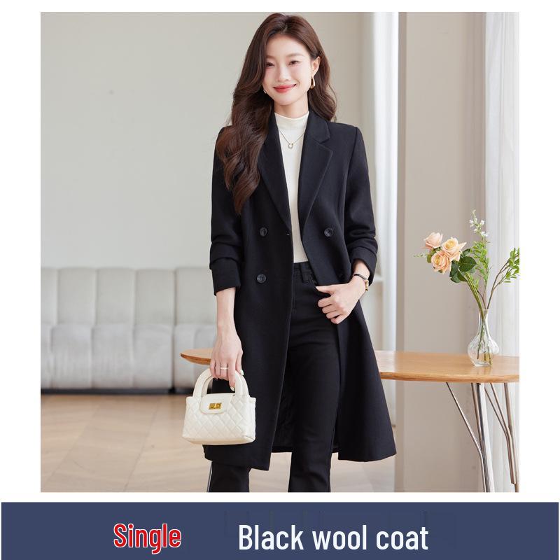 Trendy Navy Blue Wool Trench Coat for Work - Mid-Length, Petite Fit