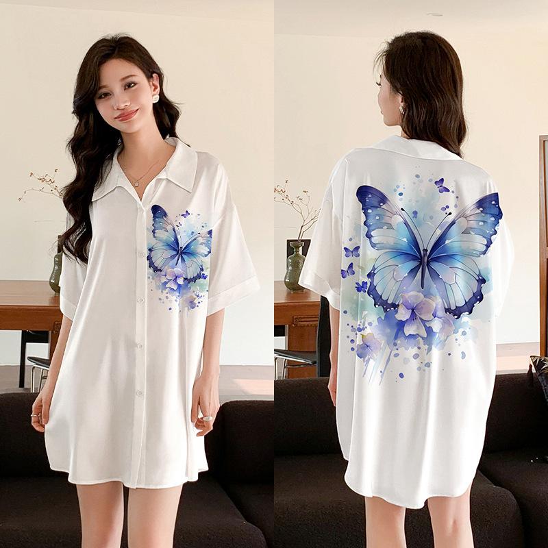 Ropa de Dormir Cómoda de Verano para Mujer Botones Delanteros Seda de Hielo Ropa para el Hogar Suelta Casual Estampada para Descansar