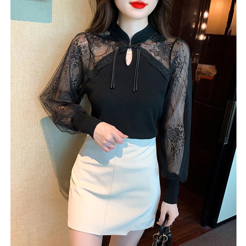 Women Vintage Chinese Style Sexy Sheer Mesh Lace Patchwork Chic T-shirt Female Black Elegant Fashion Long Sleeve Slim Fit Tops