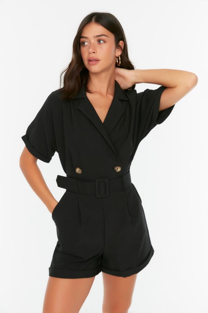 Moda feminina Novo Macacão Pedra Cinto Curvatura Gola Mini Macacão Tecido