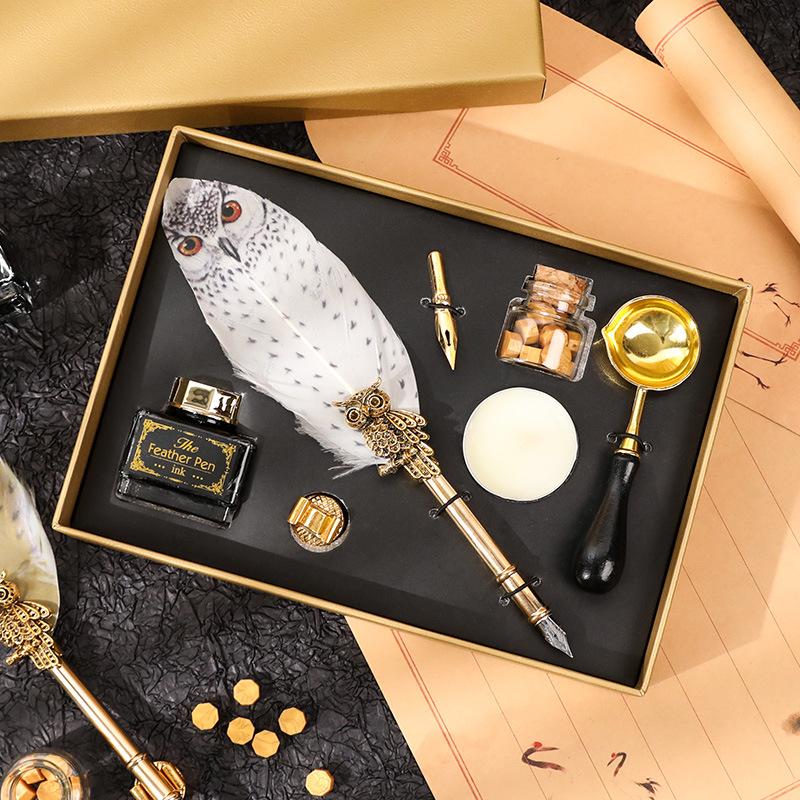 Magische Akademie Federkiel-Tauchstift-Set mit Wachssiegel-Kit, Eulenfeder-Stift Kreatives Geschenk, Schreibwaren Geschenkbox