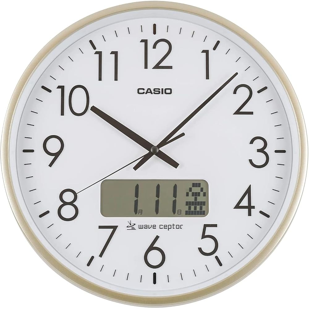 CASIO Wall Clock, Radio-Controlled, White & Gold, Analog, with Time Signal and Calendar, IC-2100J-9JF