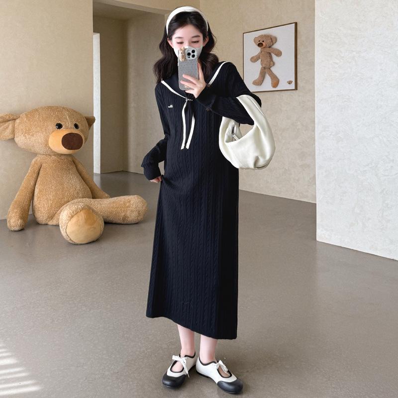 Navy Collar Plus Size Korean Style Knit Maternity Dress